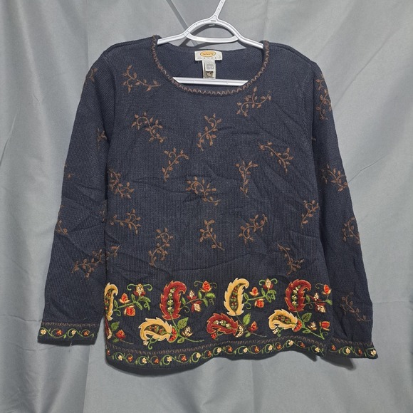 Talbots Sweaters - Talbots Petite LARGE LP Floral Paisley Embroidered Long Sleeve Sweater Black